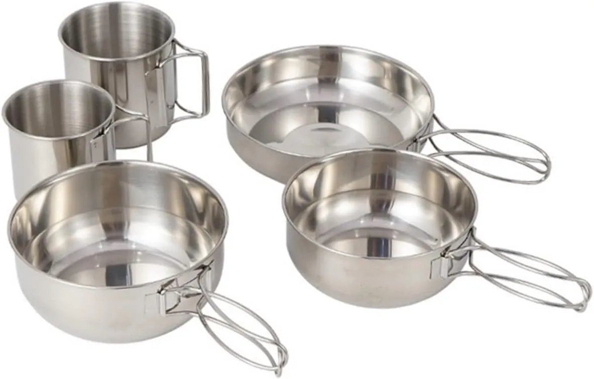 5-Piece Camping Tableware Set Stainless Steel Bowl Cup Frying Pan for Hiking Picnics
