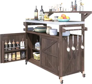 53.3" Outdoor Kitchen Island with Raised Shelf, Solid Wood Storage Cabinet with Stainless Steel Top, Outdoor Rolling Grill Cart with Internal Storage Rack, Adjustable Shelf, Spice Rack (Brown )
