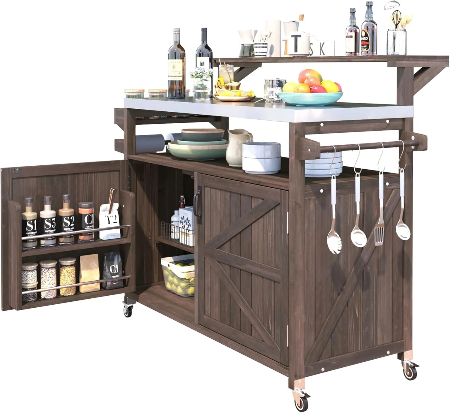 53.3" Outdoor Kitchen Island with Raised Shelf, Solid Wood Storage Cabinet with Stainless Steel Top, Outdoor Rolling Grill Cart with Internal Storage Rack, Adjustable Shelf, Spice Rack (Brown )