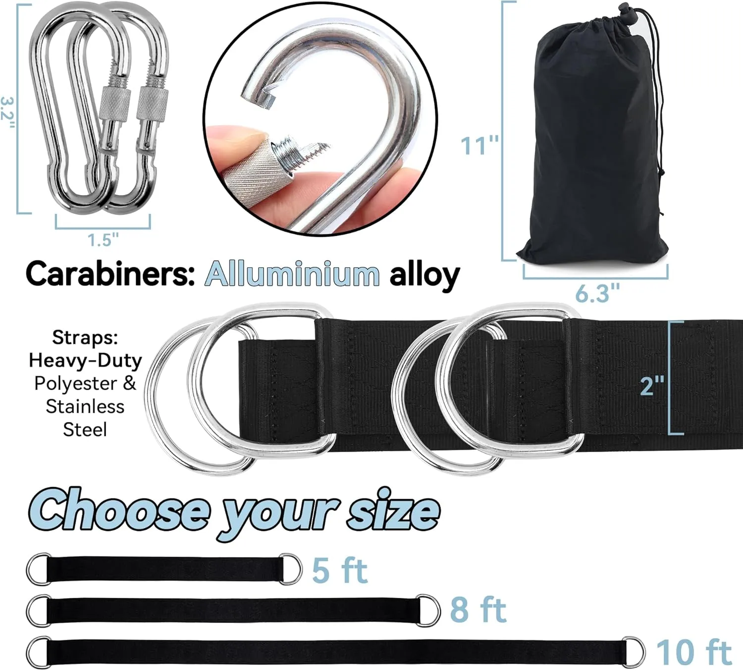 5FT Tree Swing Hanging Straps Kit 2 Pack, Holds 2000 lbs, 2 Tree Swing Straps 2 Heavy Duty Screw Lock Carabiners 2 Tree Protectors Swivel Hook, Fast & Easy to Hang Any Swing or Hammock