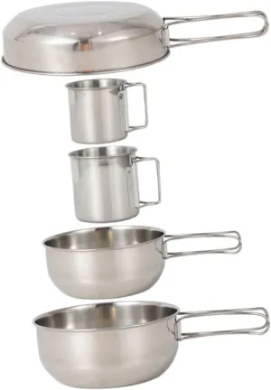 5Pcs Stainless Steel Camping Cookware Set Durable Tableware for Picnic Fishing BBQ Includes Saucer Pots Cups Easy to Clean Handle for Storage