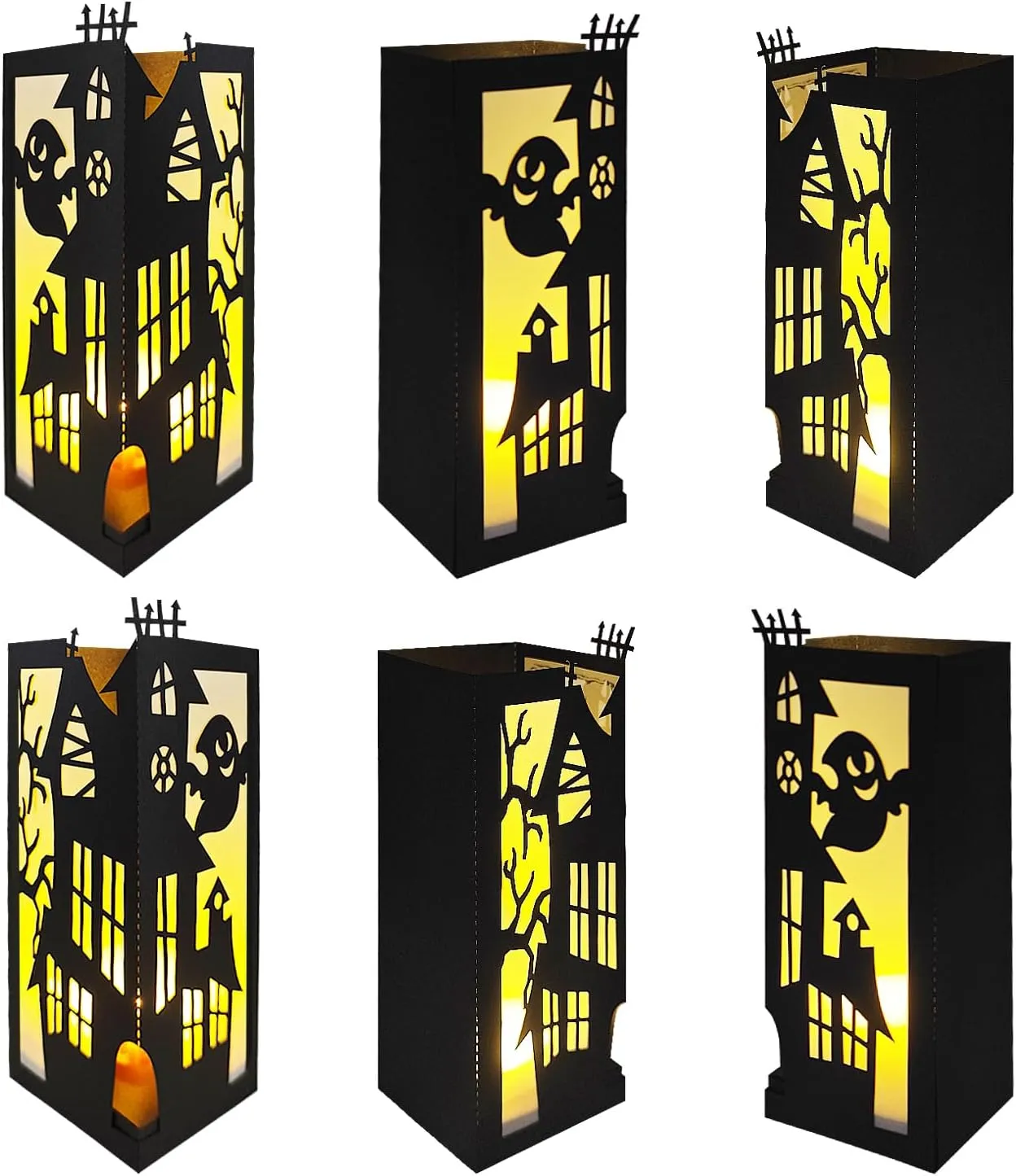 6 Pcs House Halloween Light Up Centerpieces - Horror Character Lantern Boxes with LED Light for Creepy Scary Terror Halloween Table Centerpieces Party Supplies - Black 8x3 Inch