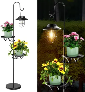 60" Solar Lantern Lights Outdoor Floor Lamp with Adjustable Height & 360°Rotatable Plant Stands, Hanging Solar Lanterns Gifts for Garden, Patio, Yard Decor