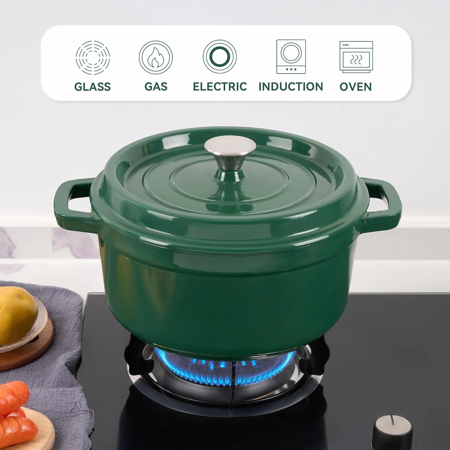 6.5 Quart Enameled Cast Iron Dutch Oven Pot with Lid, Dual Handle for Bread Baking, Pre-Seasoned Cookware, Heavy-Duty, Oven Safe up to 500° F, Non-stick & Applicable All Cookings,Green
