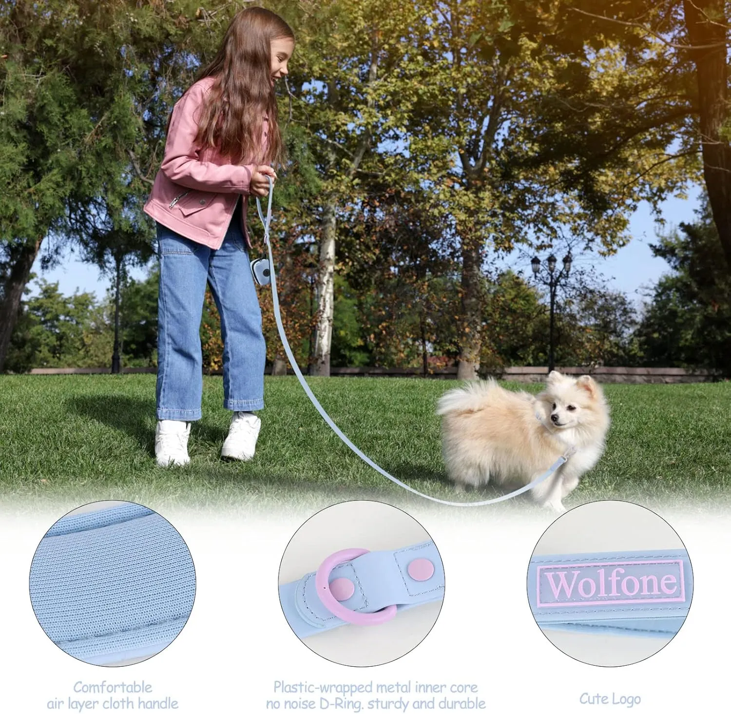 6ft Spun Sugar Waterproof Dog Leash with Dog Poop Bag Dispenser Safety Auto-Lock Carabiner Leash for Dogs Soft Handle Easy Care
