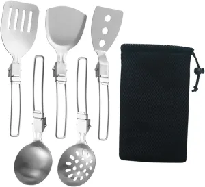6Pcs Camp Cooking Utensil Set, Outdoor Kitchen Gear, Foldable Stainless Steel Cookware Kit for Camping, RV, BBQ