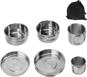 6Pcs Portable Cookware Set, Rapid Heating 304 Stainless Steel Efficient Easy to Clean Multifunctional Tableware