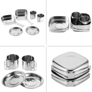 6Pcs Portable Stainless Steel Cookware Set for Camping, Picnic, Outdoor Cooking with Pot, Frying Pan, Plates, and Cups