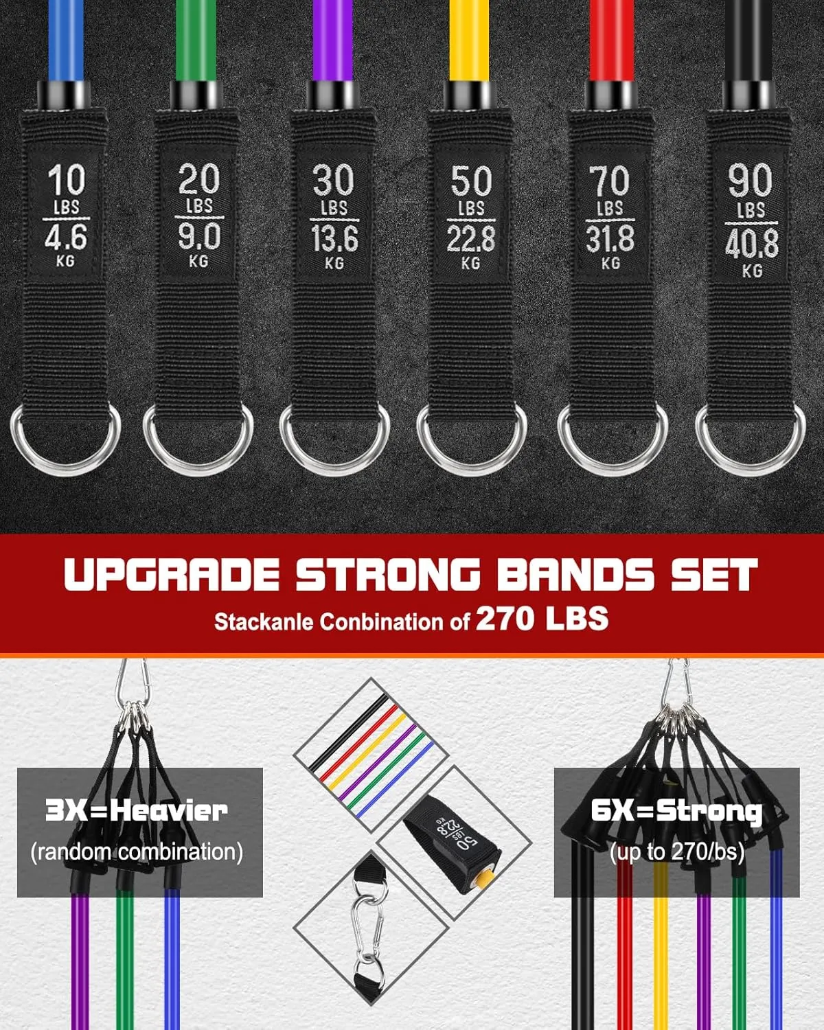 6Pcs Resistance Bands, Workout Bands 270lbs, Exercise Bands with Handles/Door Anchor/Ankle Straps/Bag/Poster for Men, Heavy Resistance Bands for Working Out at Home