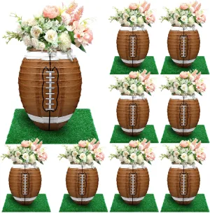 8 Pcs 12 Inches Football Table Centerpiece Paper Lantern with 8 Pcs Fake Grass Squares Football Centerpiece Decoration Set Paper Sports Ball Lantern Faux Grass Turf Patch Game Party Supplies