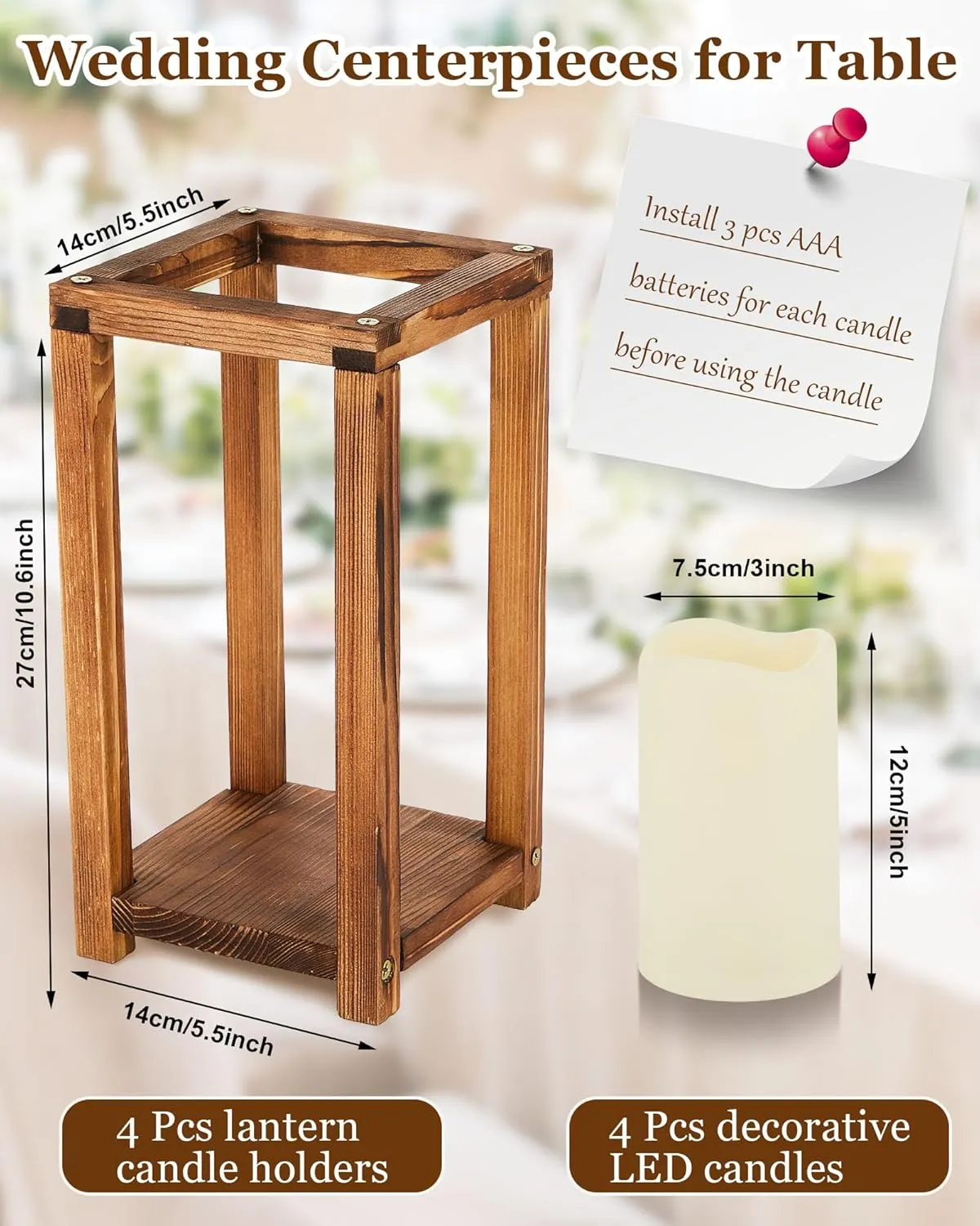 8 Pcs Wooden Wedding Lantern Centerpiece for Table Decoration Includes 4 Farmhouse Candle Holder and 4 Flameless Decorative LED Candles for Rustic Home Wedding Decor(Dark Brown)