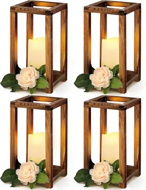8 Pcs Wooden Wedding Lantern Centerpiece for Table Decoration Includes 4 Farmhouse Candle Holder and 4 Flameless Decorative LED Candles for Rustic Home Wedding Decor(Dark Brown)