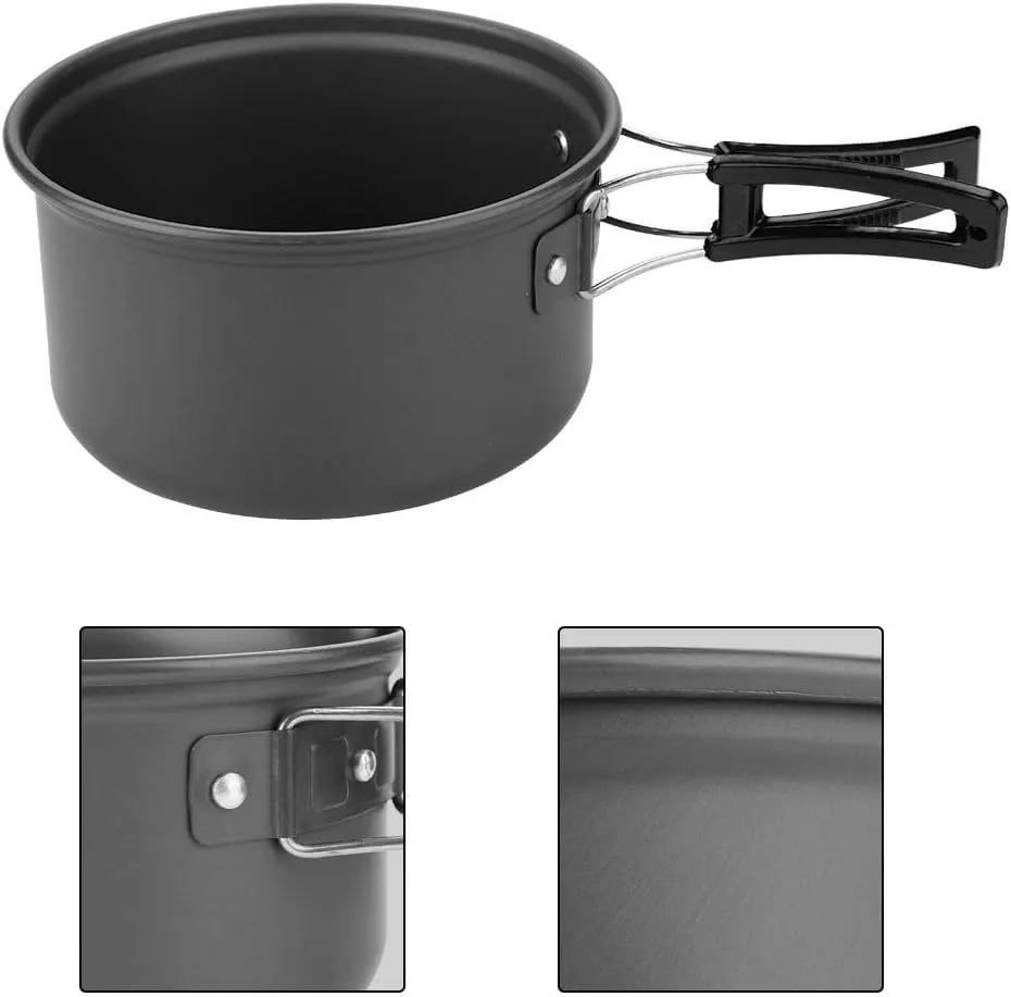 8-Piece Portable Camping Cookware Set - Lightweight Aluminum Mess Kit with HeatResistant Folding Handle & Mesh Storage Bag for Outdoor Cooking, Hiking, Backpacking Key Words: