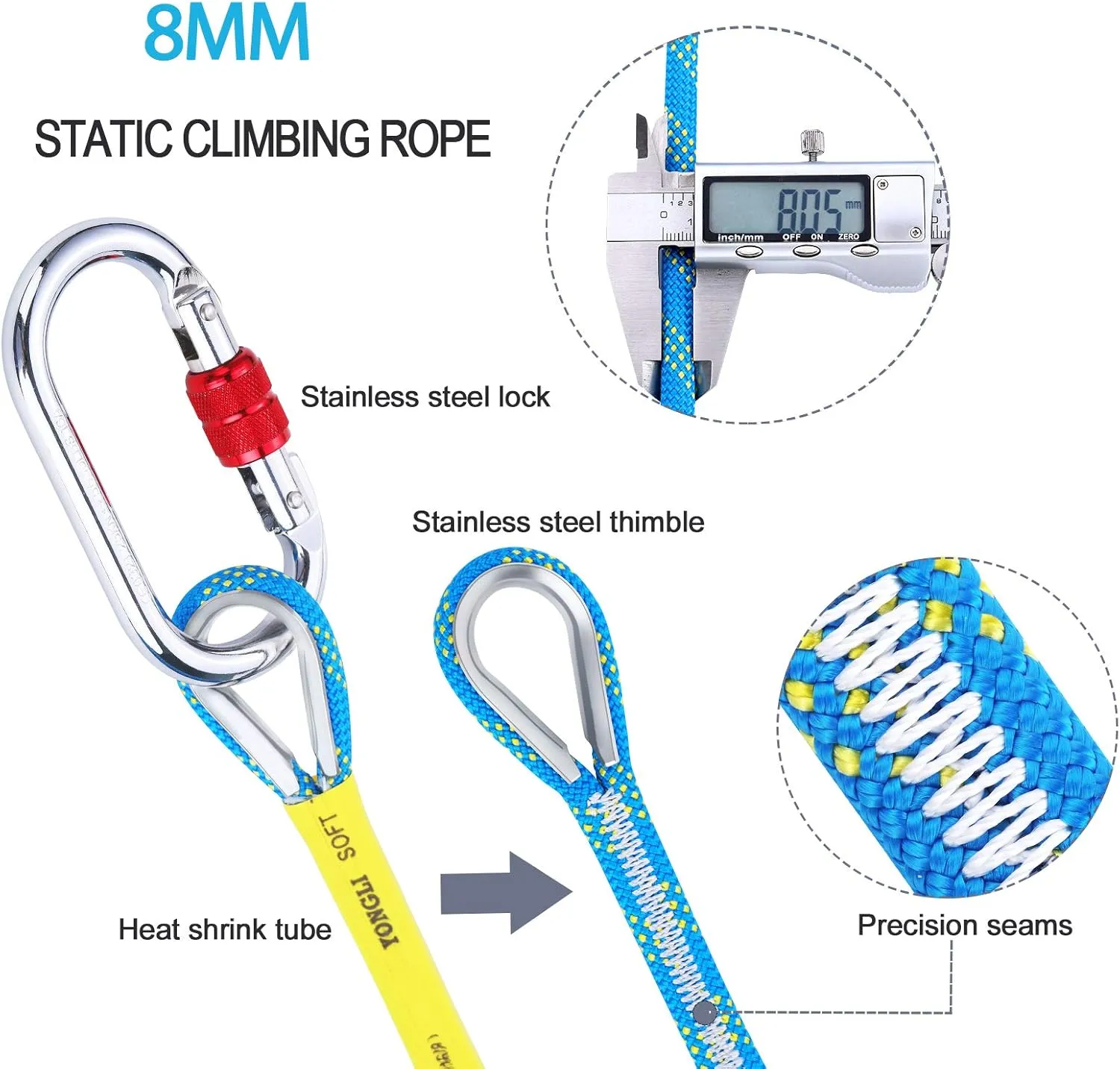 8MM Climbing Rope, 32ft/65ft/98ft/165ft/246ft High Strength Outdoor Safety Static Rock Climbing Rope, Escape Rope, Rappelling Rope, Fire Rescue Parachute Rope