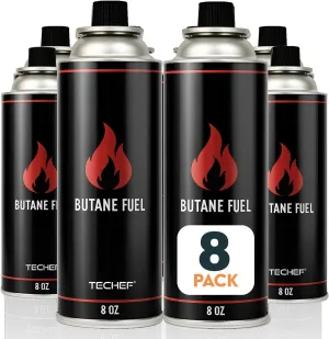 8oz Butane Gas Fuel Canisters Cylinders Tin with Dual Safety System for Portable Gas Stoves, Camping Stoves, Gas Burners, Cooking Torch, UL Listed, Made in Korea