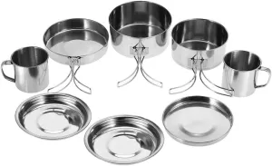 8Pcs/Set Portable Camping Cookware Set Stainless Steel Picnic Cookware Pan Pot Plate Cup Set Reliable for Outdoor Camping Picnic
