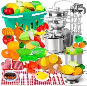 95PCS Kids Pretend Play Kitchen Toys Accessories, Kids Kitchen Playset, Stainless Steel Cookware Pots and Pans Cooking Toys, Pretend Cutting Play Food Set