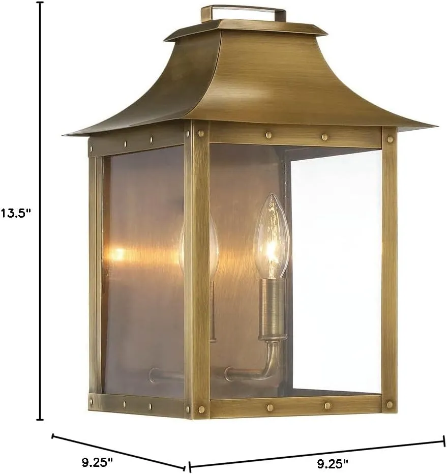Acclaim Lighting 8414AB | Vintage Solid Brass Two Light Dimmable Wall Mounted Outdoor Wet Rated Lantern with Clear Glass | Hand Crafted Classic Colonial America Design (Aged Brass - Style Four)