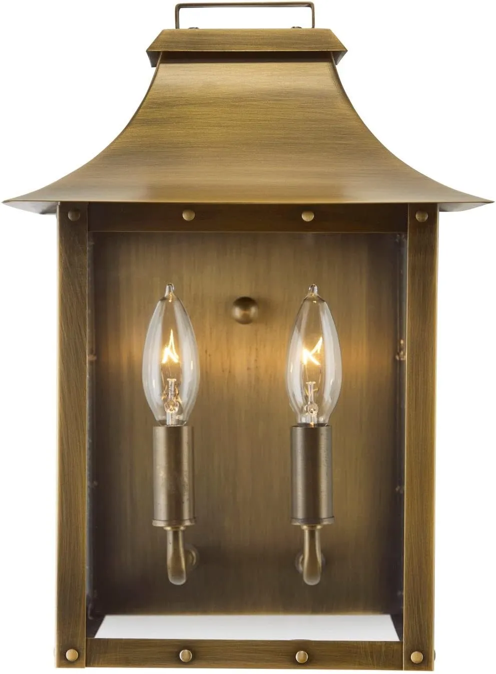 Acclaim Lighting 8414AB | Vintage Solid Brass Two Light Dimmable Wall Mounted Outdoor Wet Rated Lantern with Clear Glass | Hand Crafted Classic Colonial America Design (Aged Brass - Style Four)