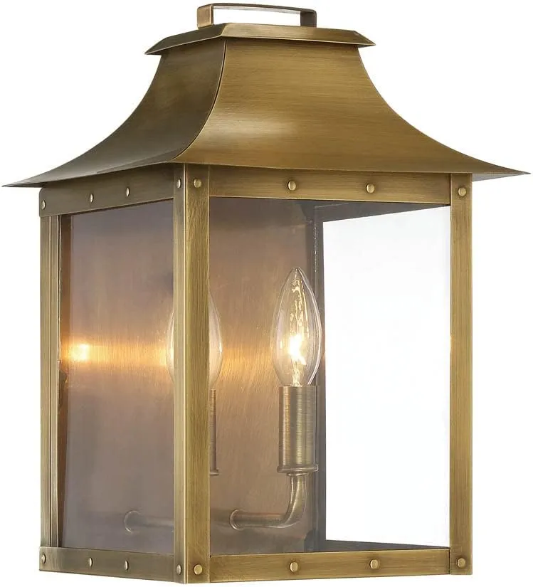 Acclaim Lighting 8414AB | Vintage Solid Brass Two Light Dimmable Wall Mounted Outdoor Wet Rated Lantern with Clear Glass | Hand Crafted Classic Colonial America Design (Aged Brass - Style Four)