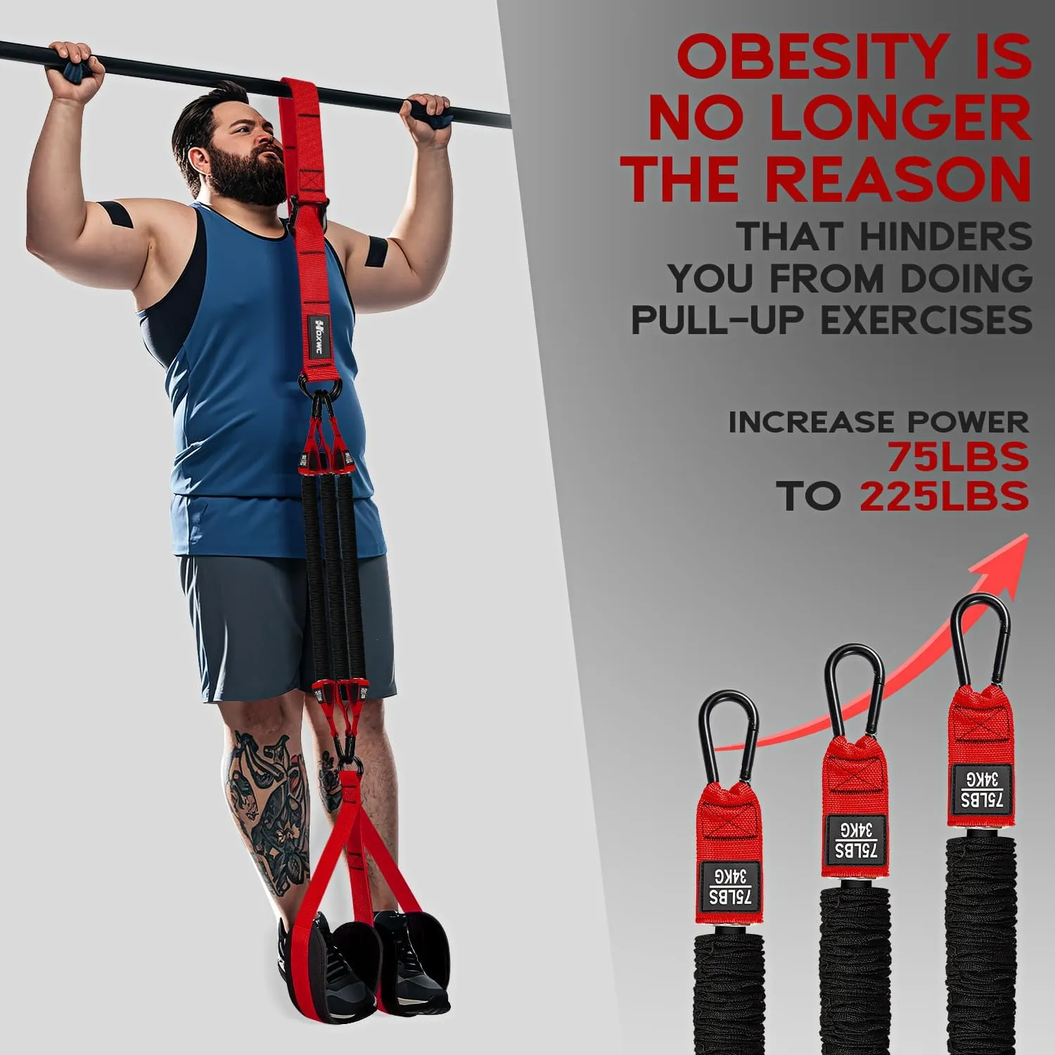 Adjustable Heavy Duty Resistance Bands for Pull Up Assistance - 3 Bands, Comfortable Fabric Feet/Knee Rest, Home Fitness, Body Stretching, Chin Up