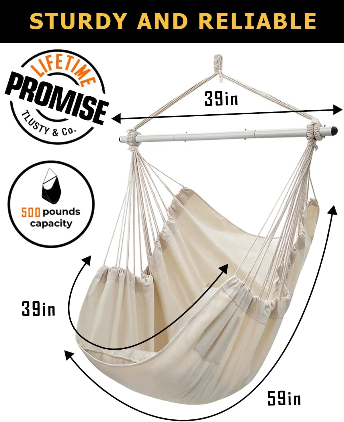 ADVOKAIR Hammock Chair Swing (500 lbs Max-2 Cushions) - Hanging Hammock Chair Rope Swing Indoor for Bedroom, Outdoor, Patio, Bedroom, Porch, Deck - Sturdy Steel Bar with Anti-Slip Safety Rings
