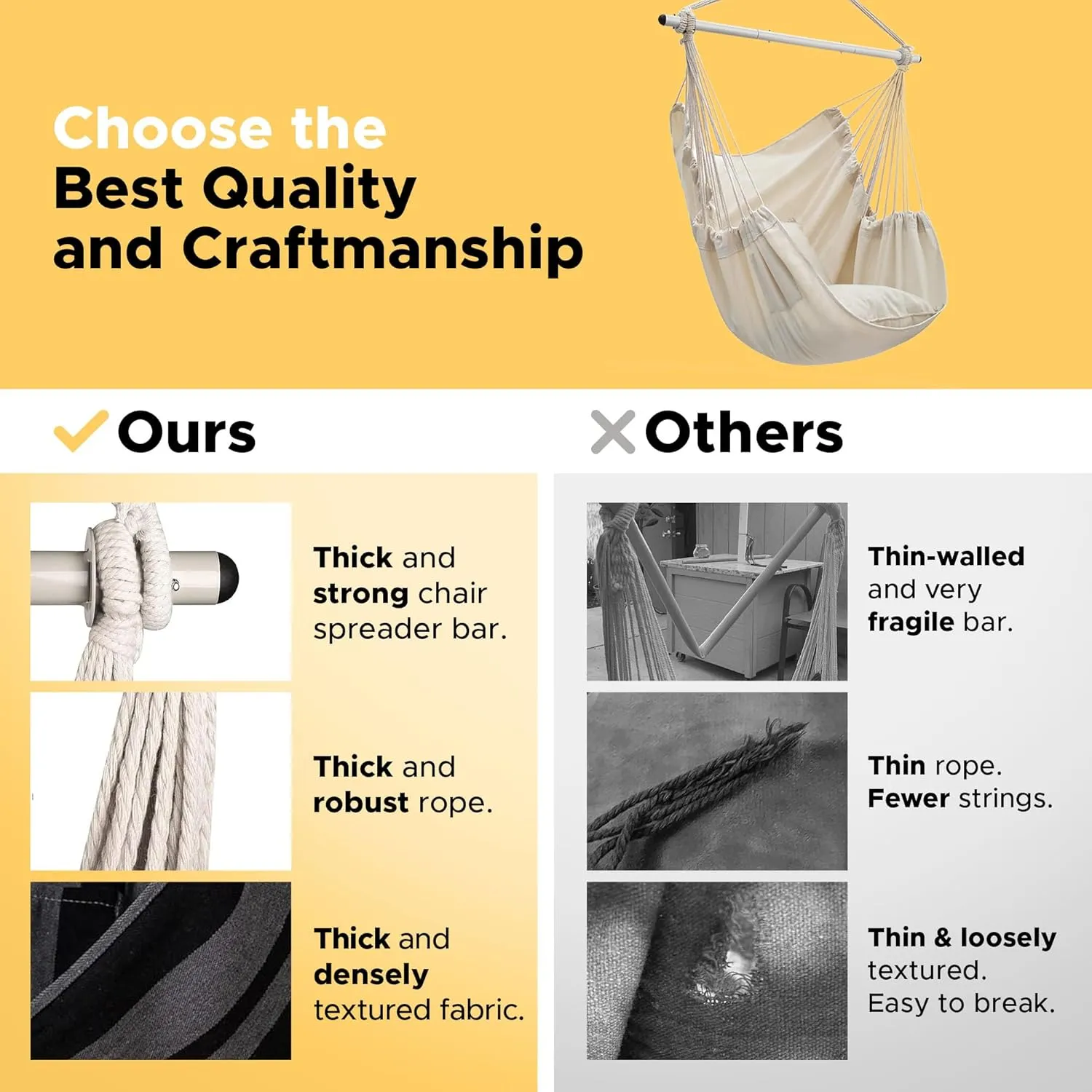 ADVOKAIR Hammock Chair Swing (500 lbs Max-2 Cushions) - Hanging Hammock Chair Rope Swing Indoor for Bedroom, Outdoor, Patio, Bedroom, Porch, Deck - Sturdy Steel Bar with Anti-Slip Safety Rings