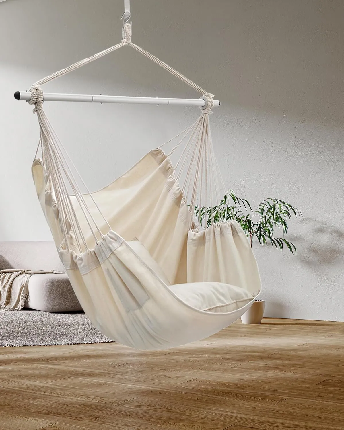 ADVOKAIR Hammock Chair Swing (500 lbs Max-2 Cushions) - Hanging Hammock Chair Rope Swing Indoor for Bedroom, Outdoor, Patio, Bedroom, Porch, Deck - Sturdy Steel Bar with Anti-Slip Safety Rings