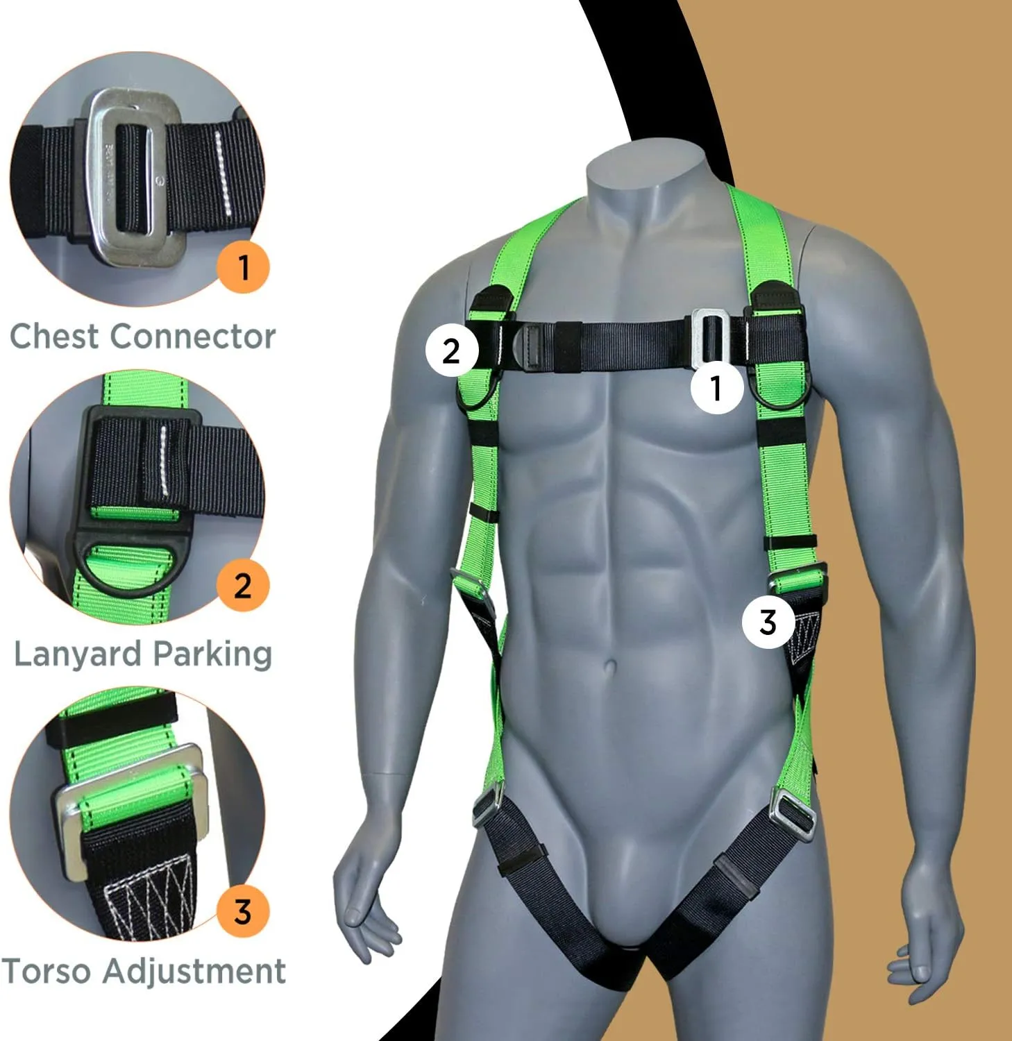 AFP Universal Full-Body Fall Protection Safety Harness with Dorsal D-Ring and Mating Buckle Legs | High-Visibility Green | Shock Absorbing Lanyard & Tool Lanyard (OSHA/ANSI)