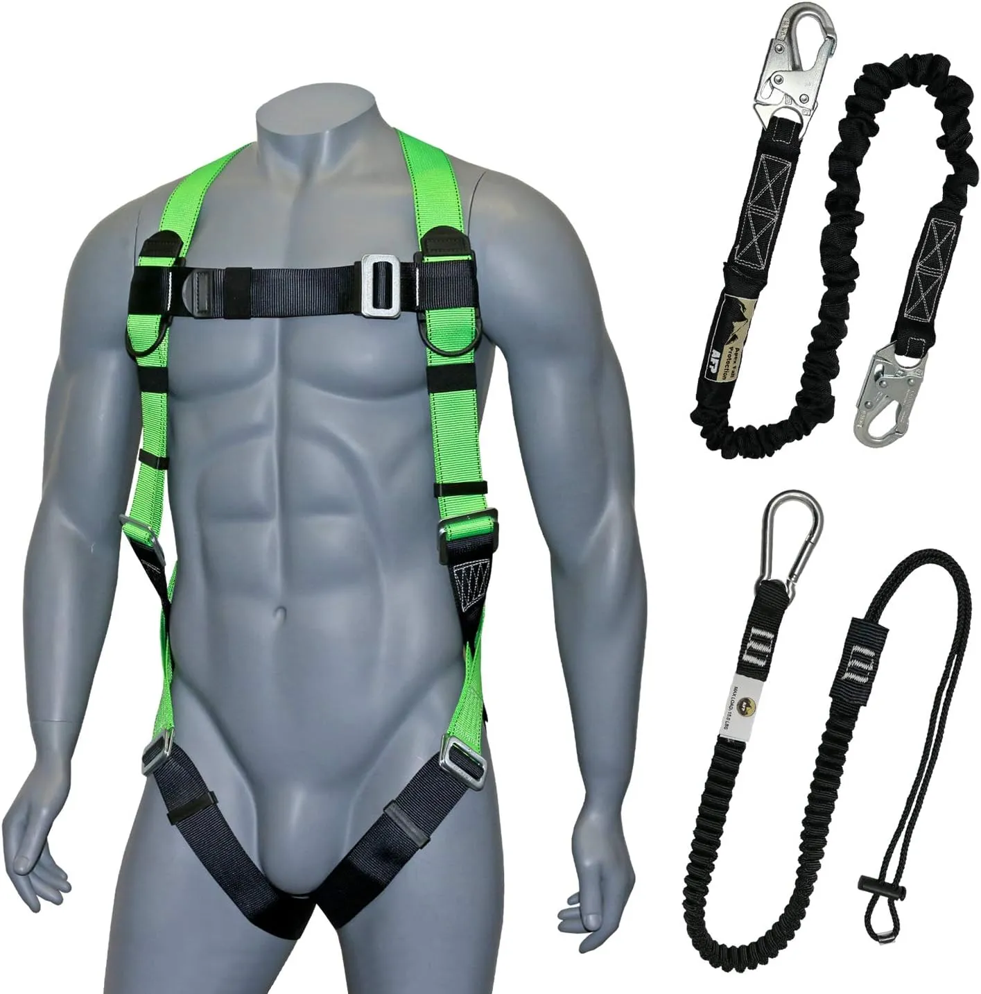 AFP Universal Full-Body Fall Protection Safety Harness with Dorsal D-Ring and Mating Buckle Legs | High-Visibility Green | Shock Absorbing Lanyard & Tool Lanyard (OSHA/ANSI)