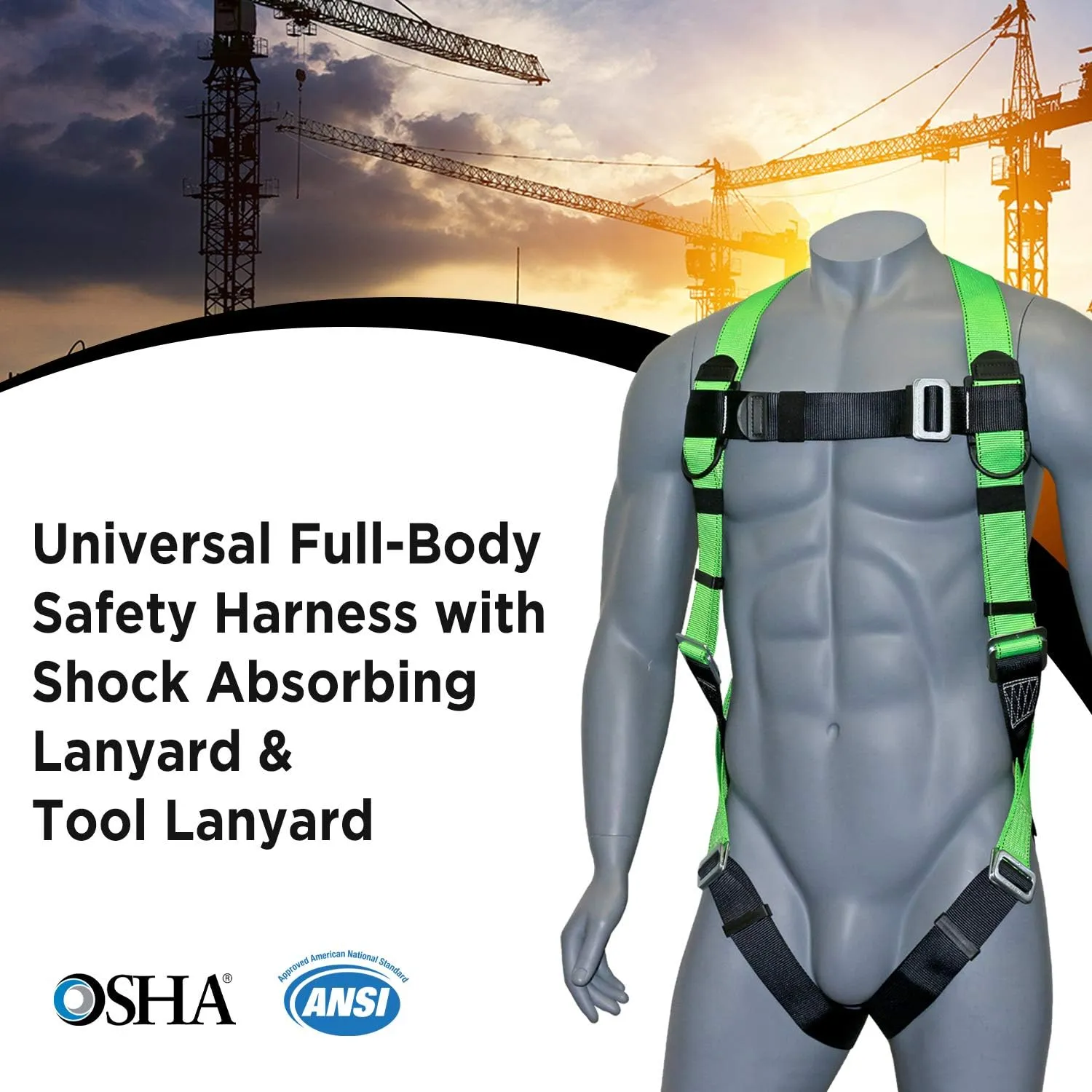 AFP Universal Full-Body Fall Protection Safety Harness with Dorsal D-Ring and Mating Buckle Legs | High-Visibility Green | Shock Absorbing Lanyard & Tool Lanyard (OSHA/ANSI)