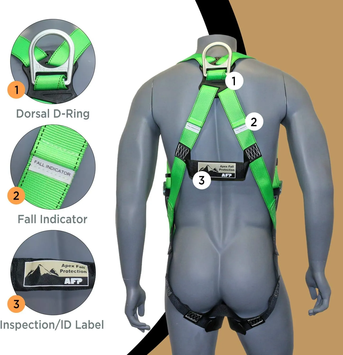 AFP Universal Full-Body Fall Protection Safety Harness with Dorsal D-Ring and Mating Buckle Legs | High-Visibility Green | Shock Absorbing Lanyard & Tool Lanyard (OSHA/ANSI)