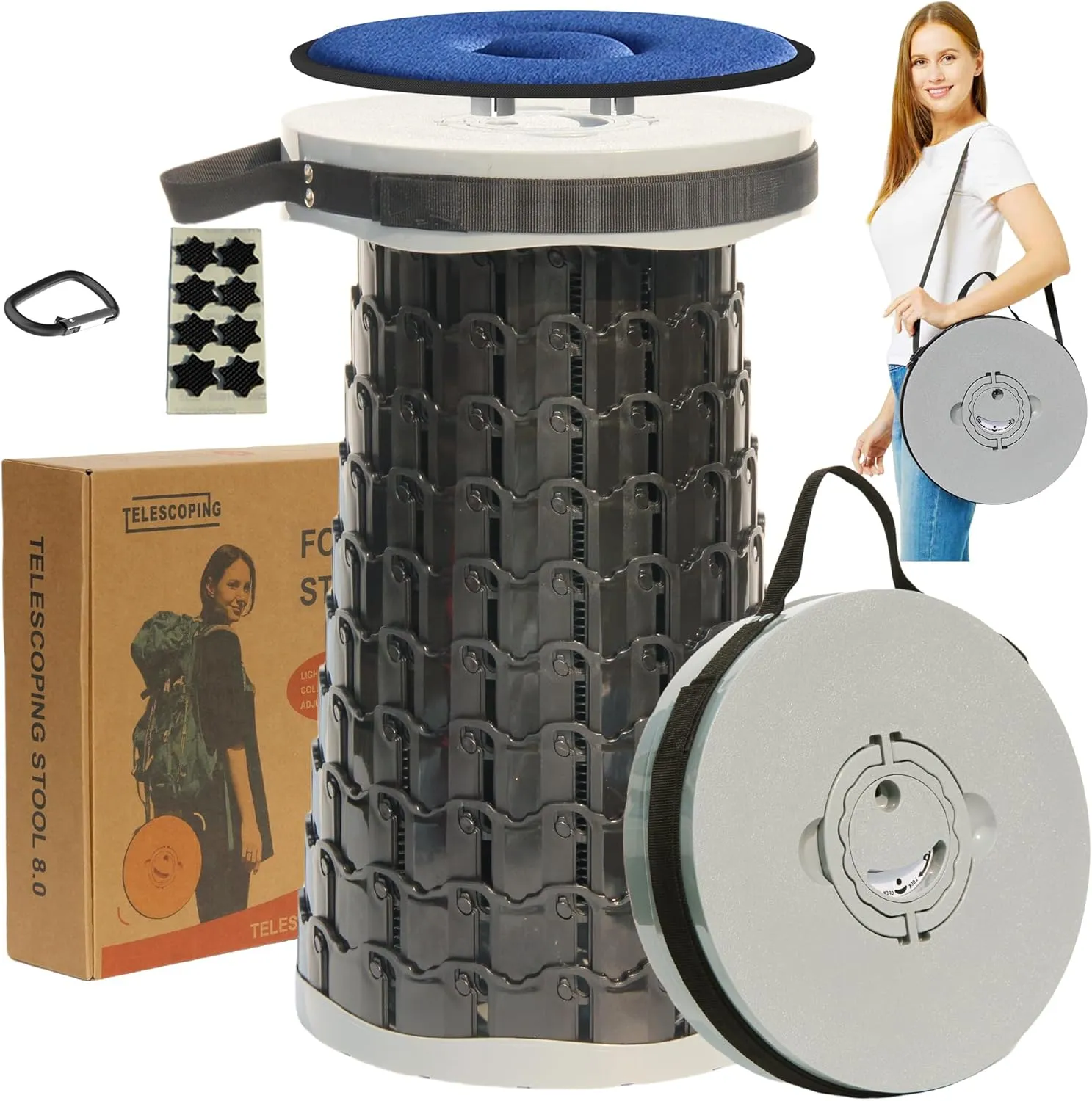 ALEVMOOM 2025 Upgraded XXL 19.7" Collapsible Stool with Seat Cushion, Retractable Folding Camping Stool for Adults Max Load 1000lbs, Heavy Duty for Fishing Hiking Gardening(Grey-XXL)