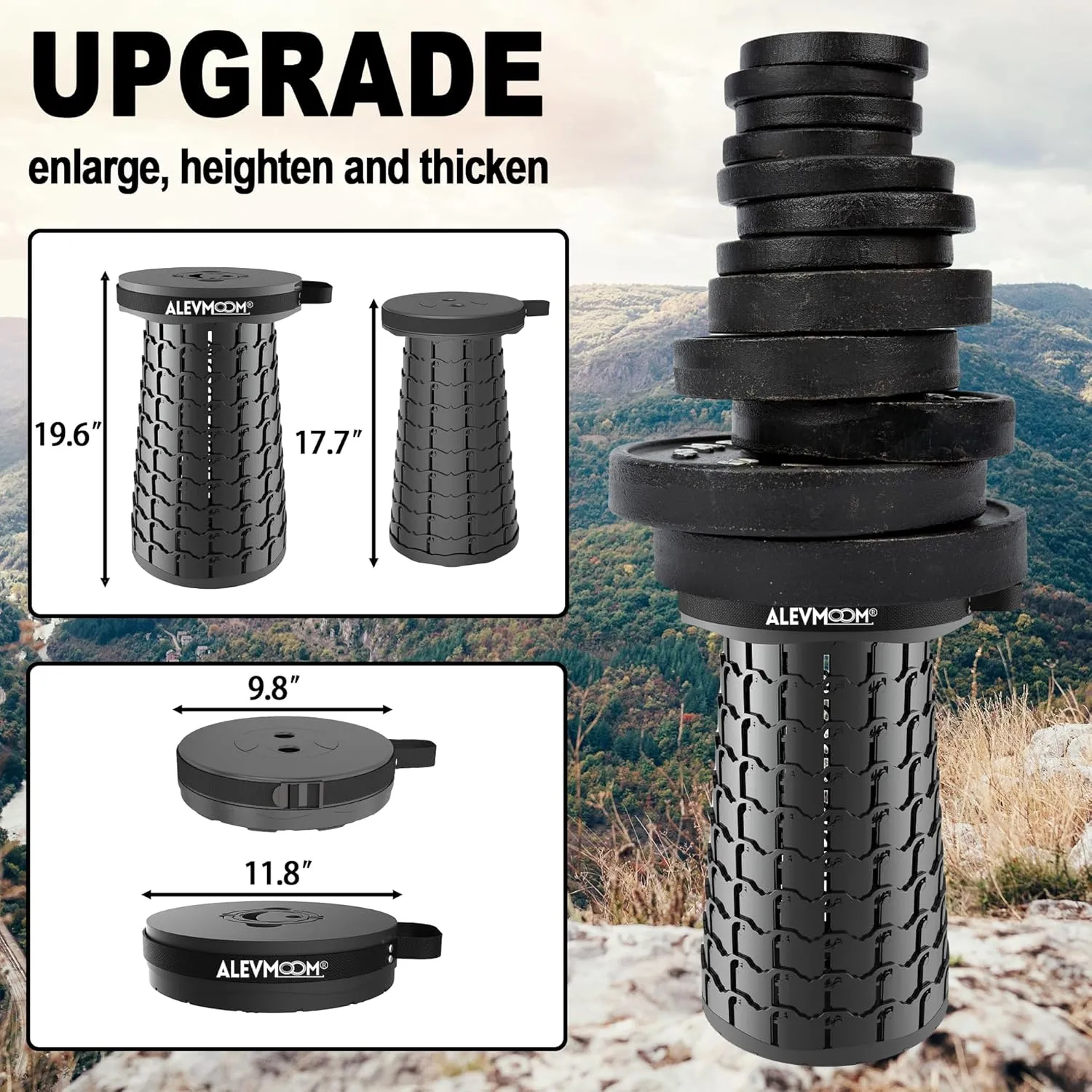ALEVMOOM Upgraded 19.7" Portable Telescoping Stool,XXL Collapsible Stool with Cushion,Capacity 1000lbs Heavy Duty Retractable Folding Chair for Adults for Camping Fishing Hiking BBQ