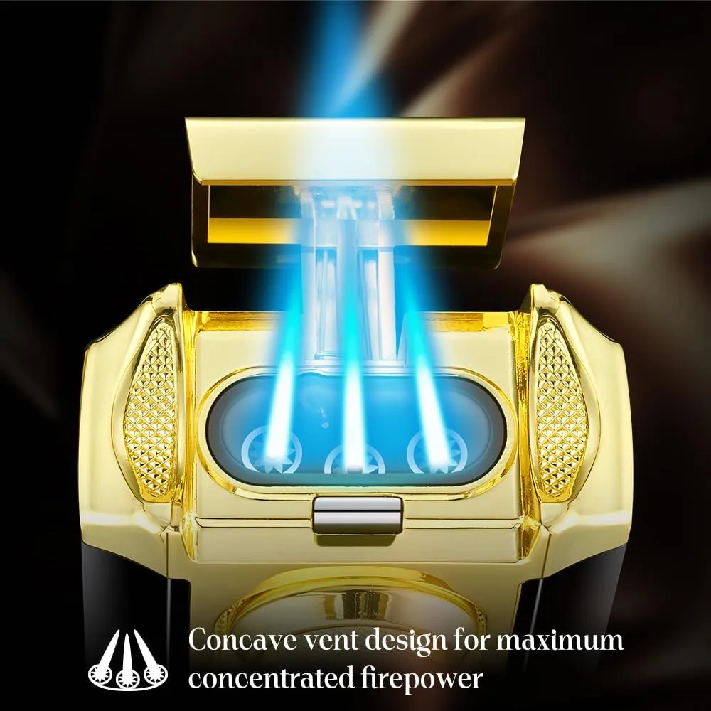 All-in-One Triple Torch Lighter, Built-in V Cutter, Holder, Adjustable Windproof Jet Flames Lighter, Refillable Butane Design, Ideal Gift for Men, with Gift Box (Butane not Included) (Black Gold)