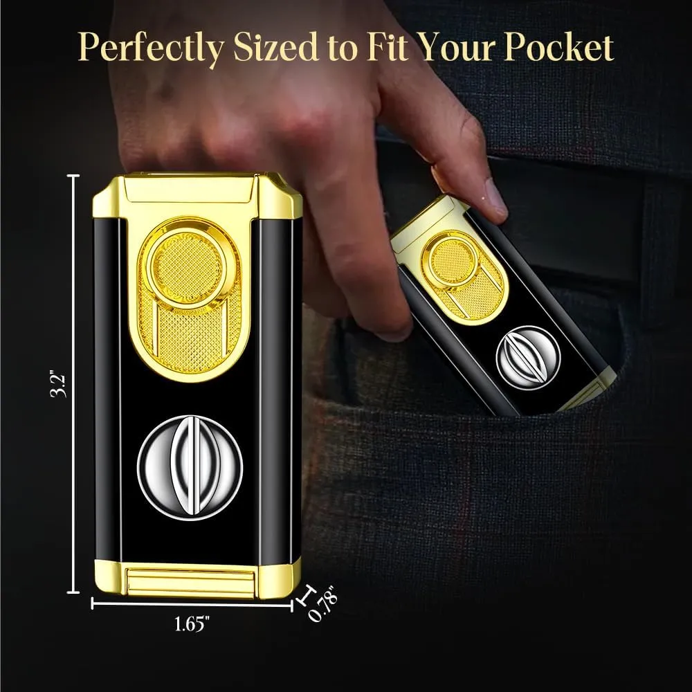 All-in-One Triple Torch Lighter, Built-in V Cutter, Holder, Adjustable Windproof Jet Flames Lighter, Refillable Butane Design, Ideal Gift for Men, with Gift Box (Butane not Included) (Black Gold)
