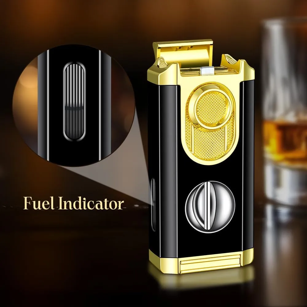 All-in-One Triple Torch Lighter, Built-in V Cutter, Holder, Adjustable Windproof Jet Flames Lighter, Refillable Butane Design, Ideal Gift for Men, with Gift Box (Butane not Included) (Black Gold)