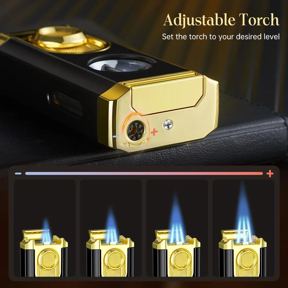 All-in-One Triple Torch Lighter, Built-in V Cutter, Holder, Adjustable Windproof Jet Flames Lighter, Refillable Butane Design, Ideal Gift for Men, with Gift Box (Butane not Included) (Black Gold)