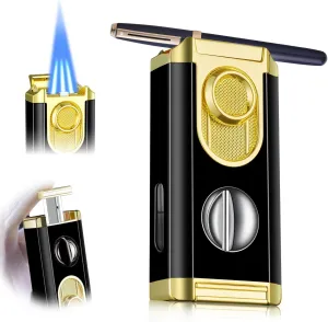 All-in-One Triple Torch Lighter, Built-in V Cutter, Holder, Adjustable Windproof Jet Flames Lighter, Refillable Butane Design, Ideal Gift for Men, with Gift Box (Butane not Included) (Black Gold)