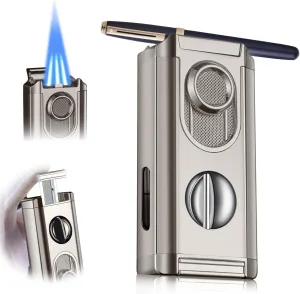All-in-One Triple Torch Lighter, Built-in V Cutter, Holder, Adjustable Windproof Jet Flames Lighter, Refillable Butane Design, Ideal Gift for Men with Gift Box (Butane not Included) (Grey)