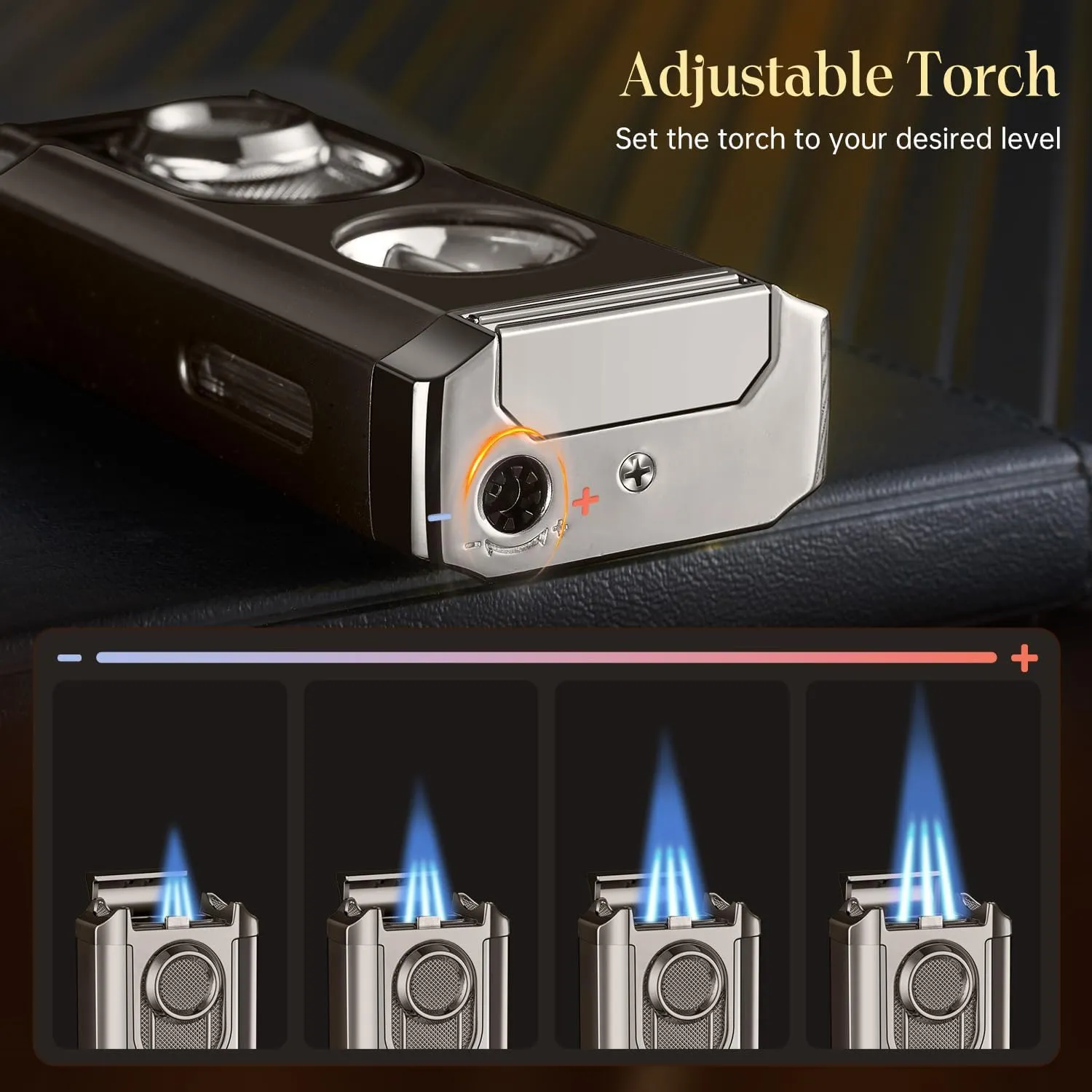 All-in-One Triple Torch Lighter, Built-in V Cutter, Holder, Adjustable Windproof Jet Flames Lighter, Refillable Butane Design, Ideal Gift for Men with Gift Box (Butane not Included) (Grey)