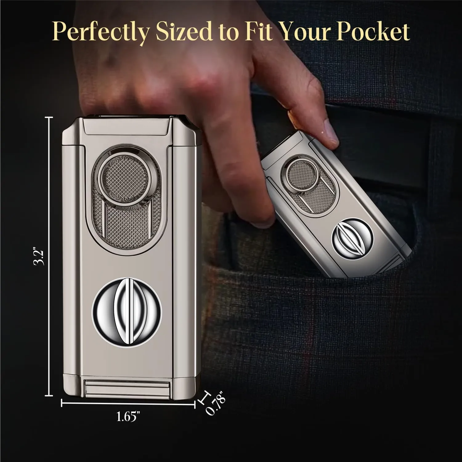 All-in-One Triple Torch Lighter, Built-in V Cutter, Holder, Adjustable Windproof Jet Flames Lighter, Refillable Butane Design, Ideal Gift for Men with Gift Box (Butane not Included) (Grey)