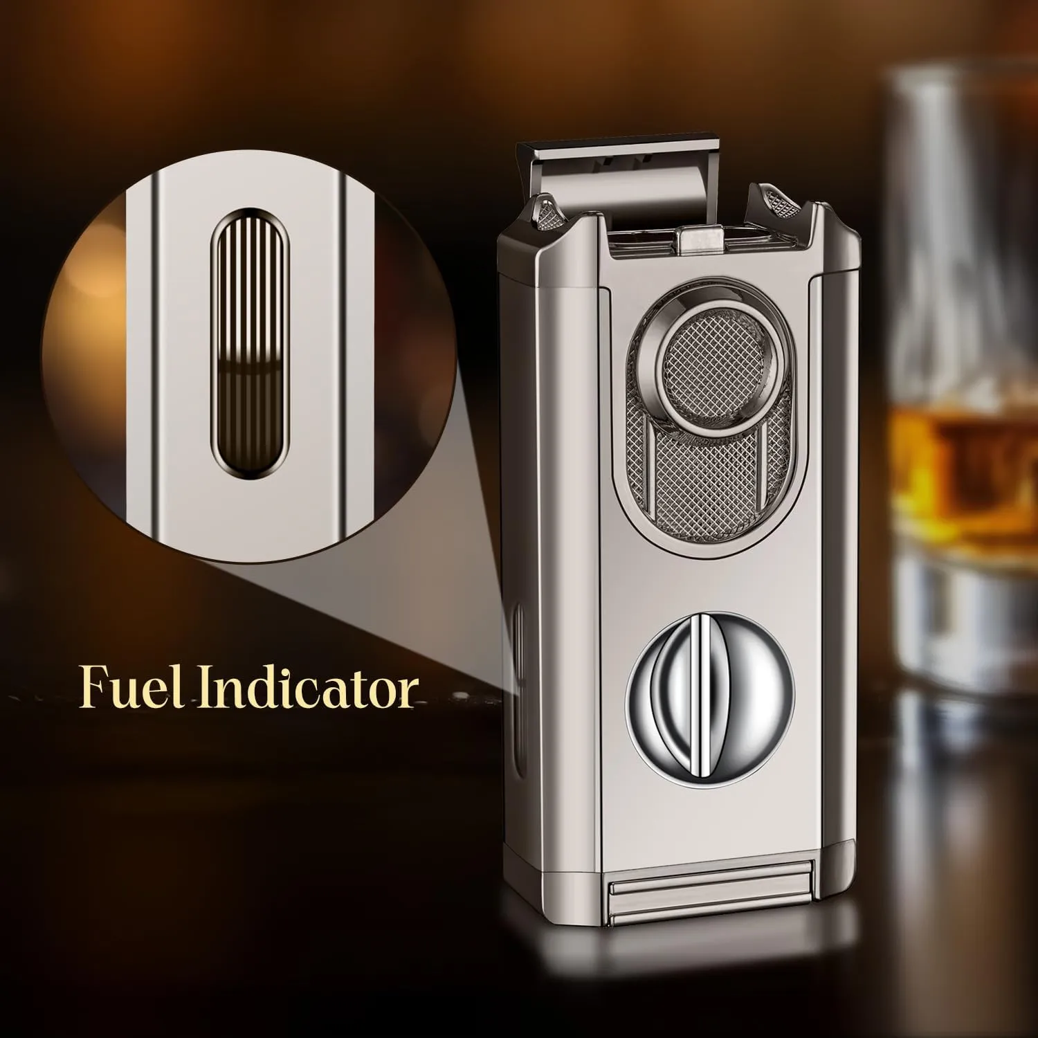 All-in-One Triple Torch Lighter, Built-in V Cutter, Holder, Adjustable Windproof Jet Flames Lighter, Refillable Butane Design, Ideal Gift for Men with Gift Box (Butane not Included) (Grey)