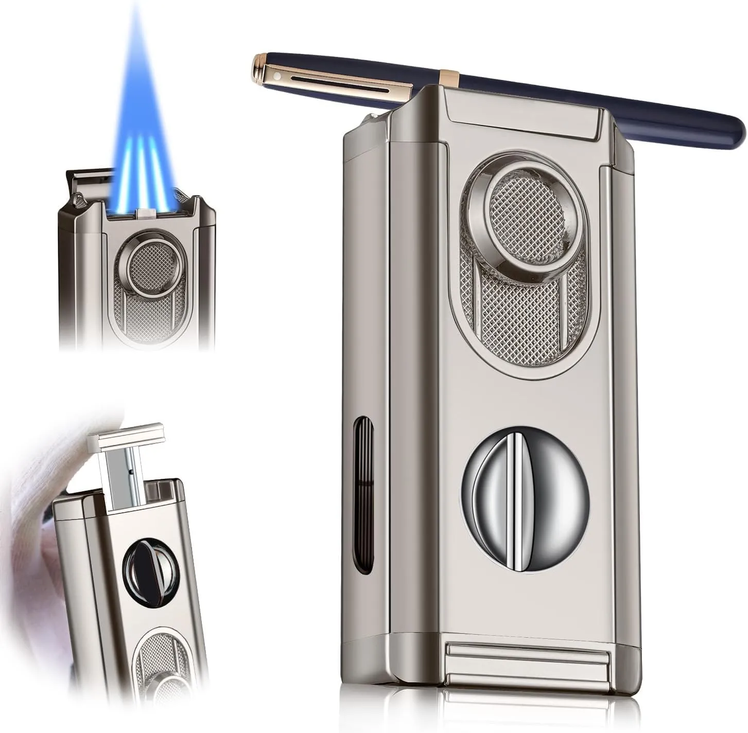 All-in-One Triple Torch Lighter, Built-in V Cutter, Holder, Adjustable Windproof Jet Flames Lighter, Refillable Butane Design, Ideal Gift for Men with Gift Box (Butane not Included) (Grey)