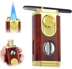 All-in-One Triple Torch Lighter, Built-in V Cutter, Holder, Adjustable Windproof Jet Flames Lighter, Refillable Butane Design, Ideal Gift for Men with Gift Box (Butane not Included)