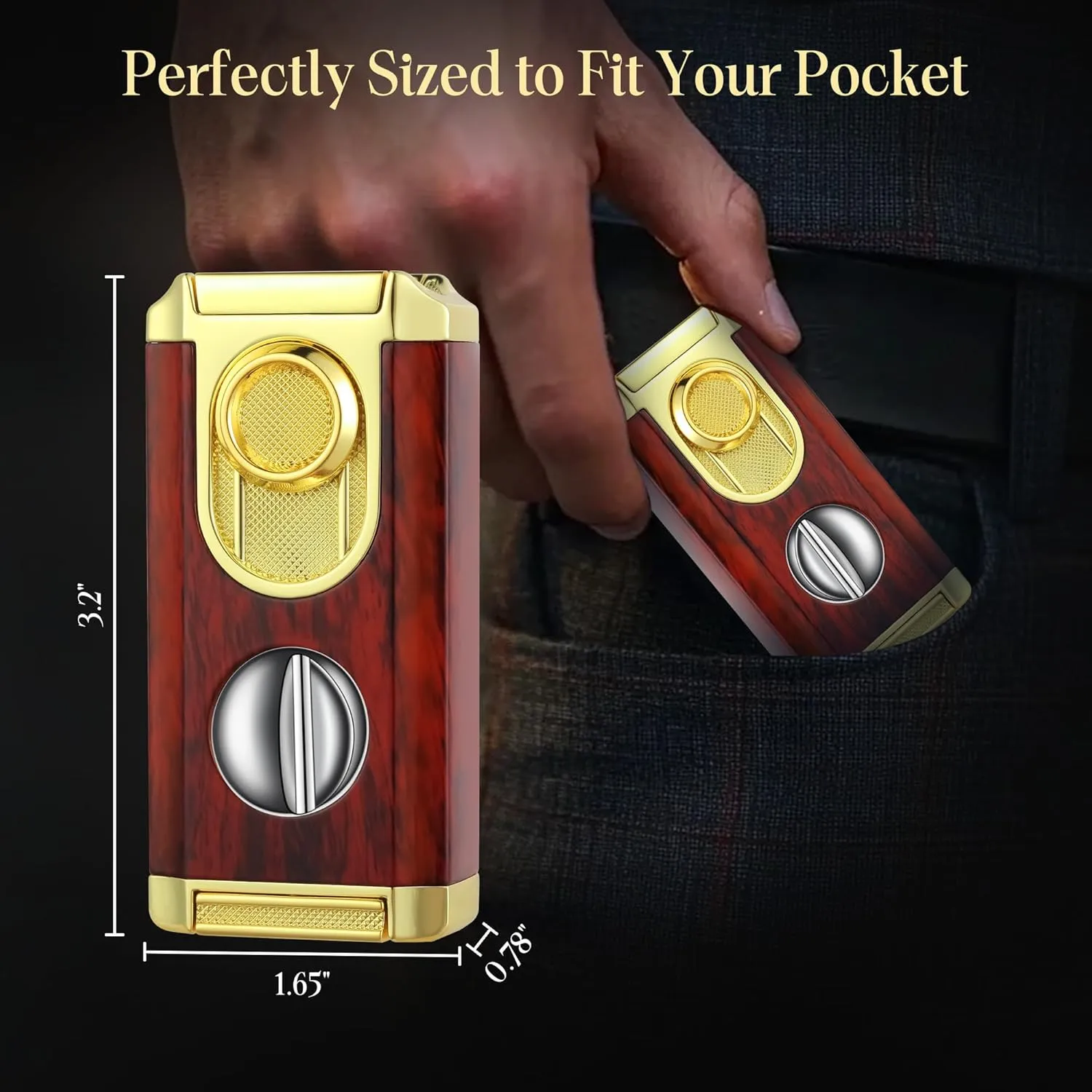 All-in-One Triple Torch Lighter, Built-in V Cutter, Holder, Adjustable Windproof Jet Flames Lighter, Refillable Butane Design, Ideal Gift for Men with Gift Box (Butane not Included)