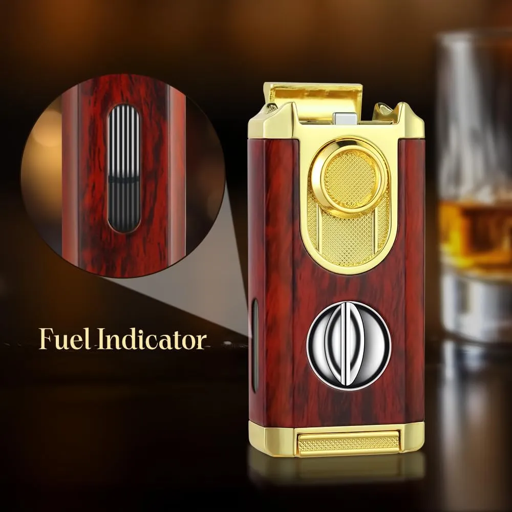 All-in-One Triple Torch Lighter, Built-in V Cutter, Holder, Adjustable Windproof Jet Flames Lighter, Refillable Butane Design, Ideal Gift for Men with Gift Box (Butane not Included)