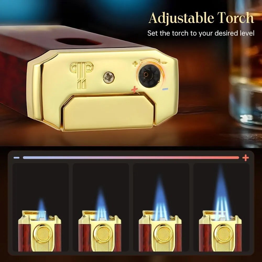 All-in-One Triple Torch Lighter, Built-in V Cutter, Holder, Adjustable Windproof Jet Flames Lighter, Refillable Butane Design, Ideal Gift for Men with Gift Box (Butane not Included)