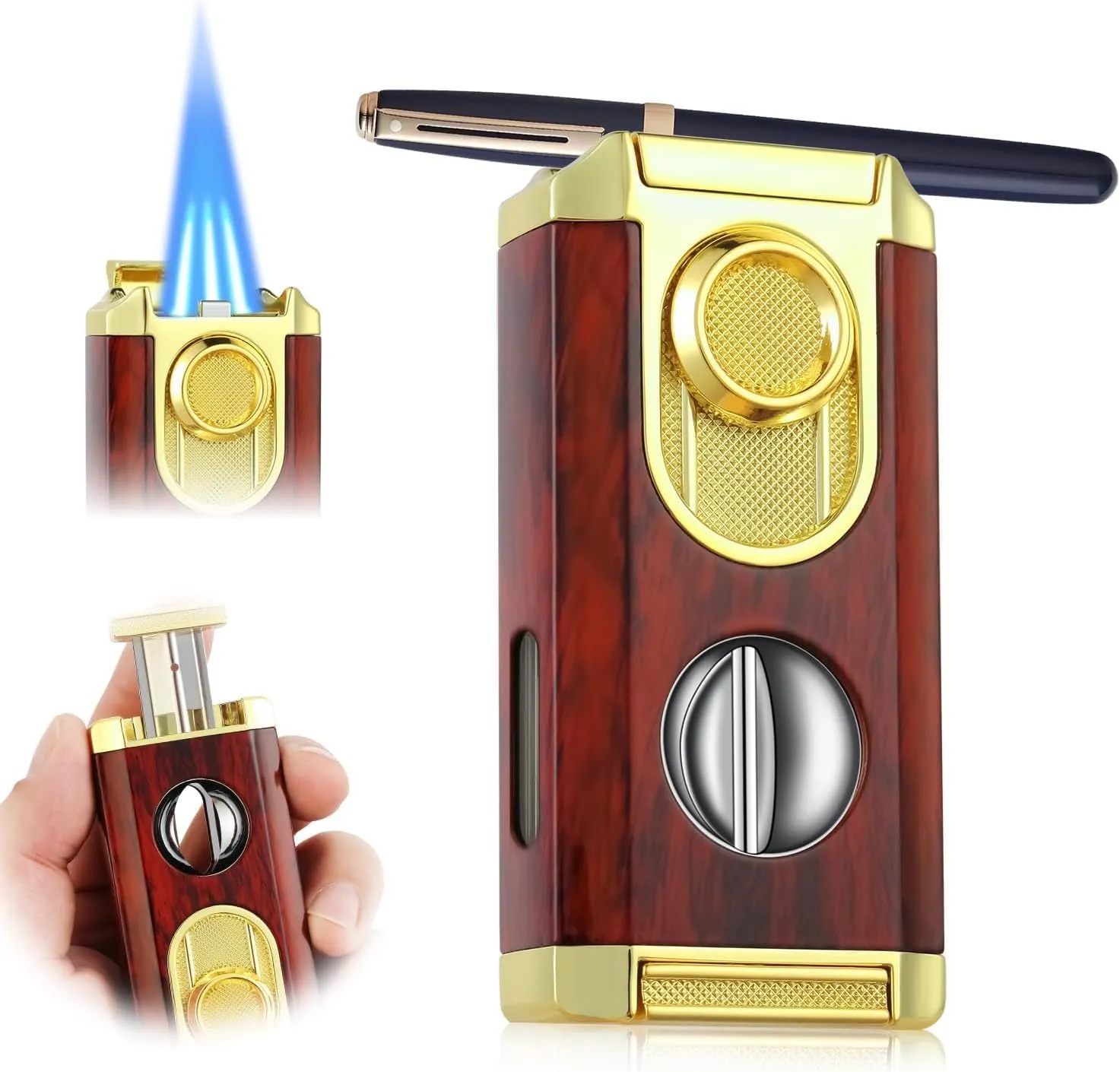All-in-One Triple Torch Lighter, Built-in V Cutter, Holder, Adjustable Windproof Jet Flames Lighter, Refillable Butane Design, Ideal Gift for Men with Gift Box (Butane not Included)