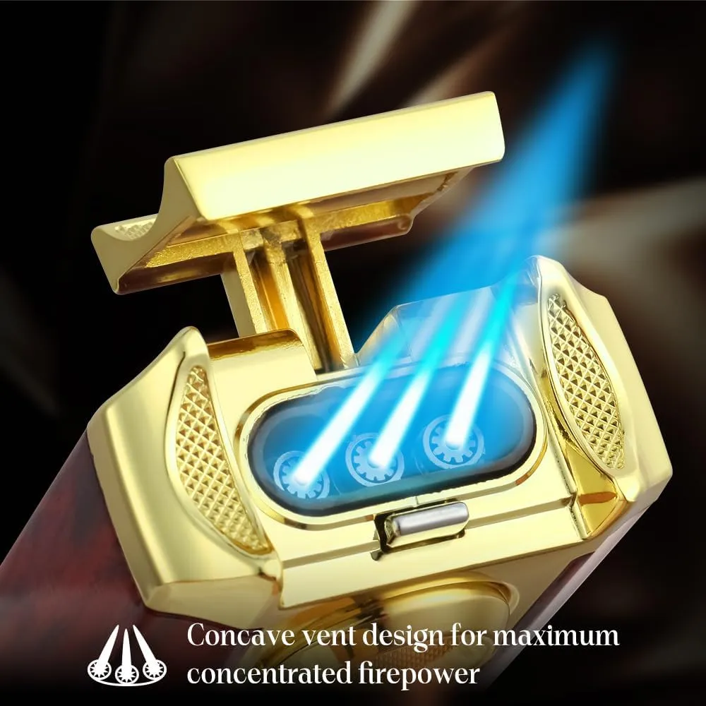 All-in-One Triple Torch Lighter, Built-in V Cutter, Holder, Adjustable Windproof Jet Flames Lighter, Refillable Butane Design, Ideal Gift for Men with Gift Box (Butane not Included)